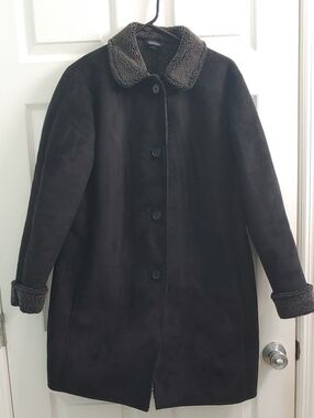 Land's End Faux Suede Black Shearling Lined Coat Women's MP Button Front Sherpa